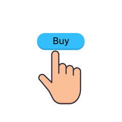 Hand cursor clicking on a blue button labeled 'Buy', representing online shopping and digital transactions