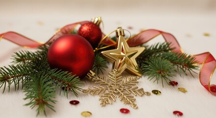 Christmas ornaments and evergreen branches on a white background view