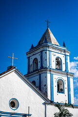 Beautiful blue and white colonial church in the center of Villavieja, Colombia