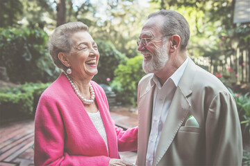 Happy senior couple laughing together in garden setting. Elderly man in gray suit and woman in bright pink blazer sharing joyful moment outdoors with natural greenery background and warm lighting.