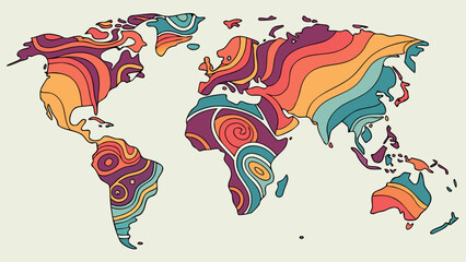Psychedelic world map with vibrant colors and swirling patterns design