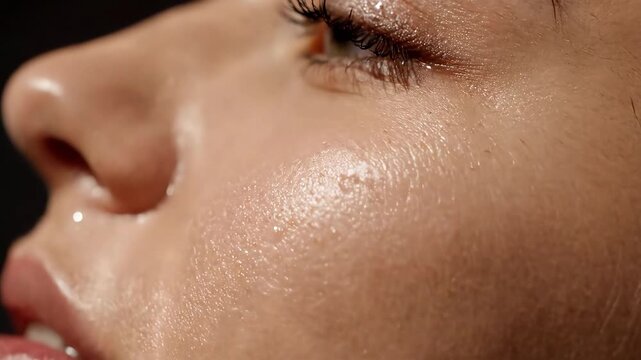 Refreshing water flows gently over a woman's smooth, hydrated face and skin.