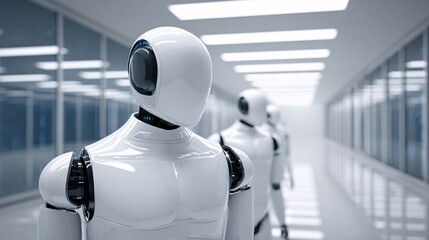 Robot police guarding data servers, cybersecurity metaphor,