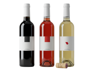 Three premium glass wine bottles—red, rosé, white—with white caps and minimalist labels, beside a natural cork, on a transparent studio background. Professional still life product display concept