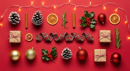Christmas flat lay on red background with lights and holiday objects