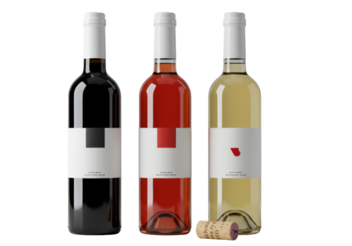Three premium glass wine bottles—red, rosé, white—with white caps and minimalist labels, beside a natural cork, on a transparent studio background. Professional still life product display concept