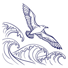 Seagull flying over the waves