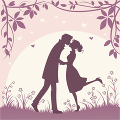 Silhouette of a couple in love kissing in a garden with flowers