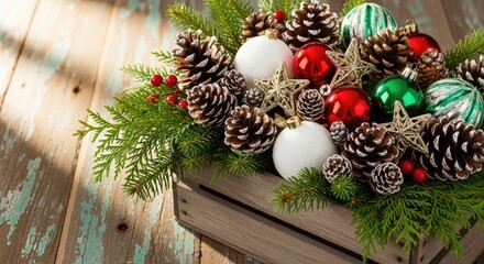 Christmas decoration with pine cones and ornaments in a wooden box