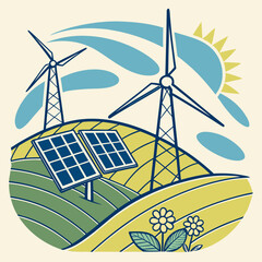 Wind turbine and solar panel on green hill