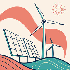 Wind turbine and solar panel on hill