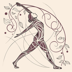 Woman in warrior yoga pose with floral design on a beige backdrop