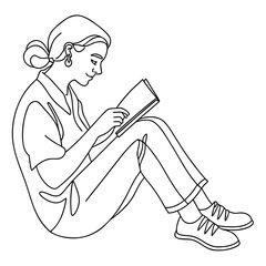 Young woman reading book in line art
