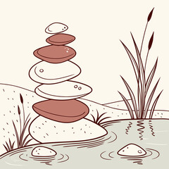 Zen stones stacked near pond with reeds in a minimal line drawing