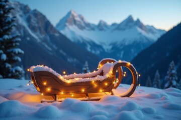A magical winter wonderland scene featuring a vintage wooden sled adorned with fairy lights, resting on a blanket of fluffy snow, against a backdrop of majestic mountains.