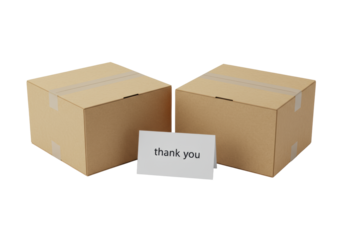 Two identical, pristine, kraft-colored cardboard shipping boxes and an elegant white 'thank you' card on a seamless transparent background, 45-degree high-angle, precise commercial packaging concept