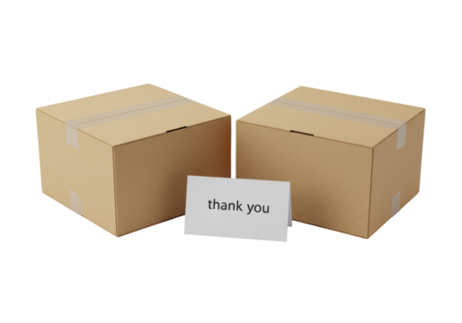 Two identical, pristine, kraft-colored cardboard shipping boxes and an elegant white 'thank you' card on a seamless transparent background, 45-degree high-angle, precise commercial packaging concept - Powered by Adobe