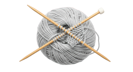 Gray yarn ball with knitting needles craft design against the transparent background