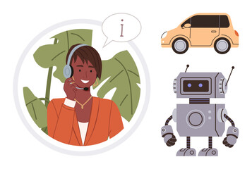 Smiling customer support agent wearing a headset, speech bubble with i, robot figure, yellow car. Ideal for technology, AI, automation, customer service, communication innovation futuristic