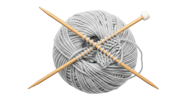 Gray yarn ball with knitting needles craft design against the transparent background - Powered by Adobe