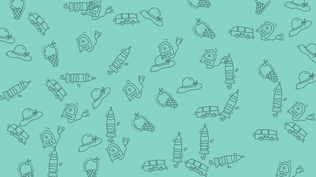holiday pattern featuring summer icons like ice cream cones, sunglasses, and beach balls stop motion style. Perfect for summer designs, social media posts, and stationery.