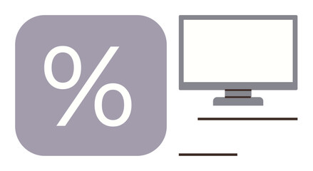 Large percentage icon beside desktop monitor, representing data analytics, online finance, statistics, or education. Ideal for technology, business, analysis, education marketing communication