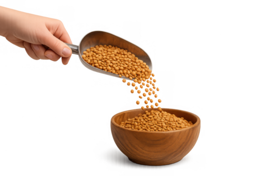 Hand pouring dry brown lentils from a metal scoop into a wooden bowl, ready for cooking, transparent background