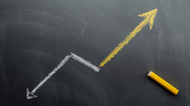 Stock market chart with arrows showing growth and decline on chalkboard art