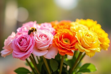 Naklejka premium A Bee on a Bright Row of Flowers in a Sunlit Garden