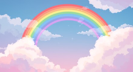 Naklejka premium Fantasy illustration of a bright rainbow shining in a gentle blue and pink sky with soft, fluffy clouds