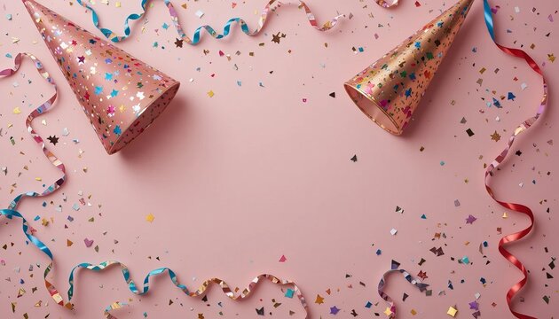 Celebrate with festive party hats and confetti on a trendy pink background today