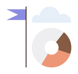Flagpole with a purple flag, light blue cloud, and segmented donut chart in pastel colors. Ideal for success, strategy, goals, progress, analysis data visualization planning. Simple flat metaphor