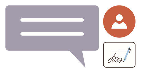 Chat bubble symbolizing conversation, profile icon for user representation, and signature on paper illustrating authentication. Ideal for messaging, user identity, agreements, communication