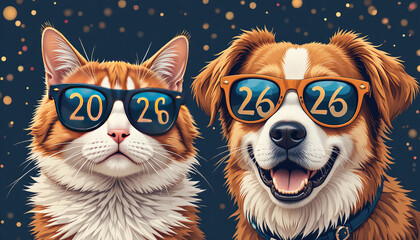 Celebrate 2026 with this adorable cat and dog duo wearing stylish sunglasses!