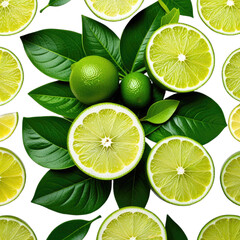Close-up of sliced and whole citrus fruits with green leaves