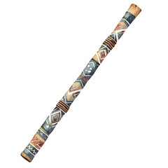 Didgeridoo musical instrument with tribal patterns and earthy tones.