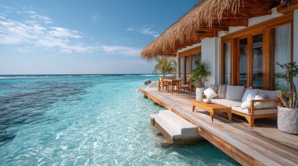 Luxury Overwater Bungalow With Thatched Roof Over Turquoise Ocean Water With Wooden Deck and Outdoor Furniture on a Sunny Day