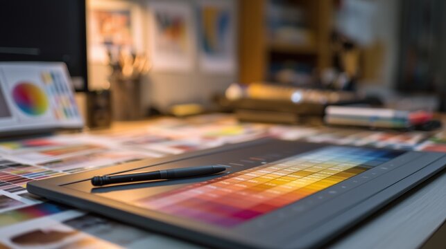 Stylish graphic design workspace with color palette tablet and digital tools on wooden desk - Powered by Adobe