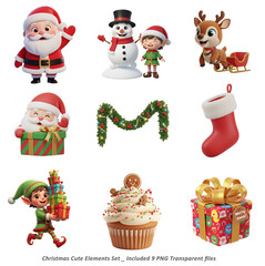 A cheerful 3D cartoon Christmas elements set featuring Santa Claus, reindeer, elf, snowman, wreath, cupcake, garland, stocking, and gift box. Perfect for festive greeting cards, holiday stickers,.