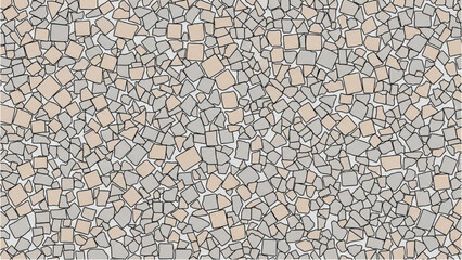 Abstract background with a dense random pattern of beige and gray cobblestone tiles