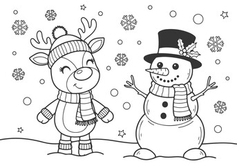 Cute Winter Friends Coloring Page Featuring Reindeer and Snowman in a Festive Scene, Printable 7