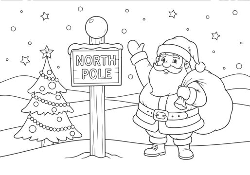 Festive cartoon Santa Claus with a gift sack waving at the North Pole sign, a fun Christmas holiday coloring page for kids