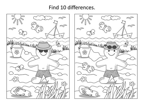 Gingerbread man in summer on a beach difference game. Picture puzzle and coloring page.