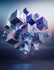 floating ai cubes linked by glowing particles