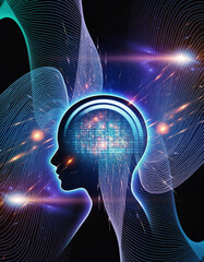 glowing tech waves shaping futuristic head silhouette