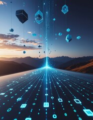 virtual data stream filled with floating shapes