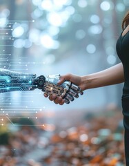 human and robot handshake with glowing circuit fusion