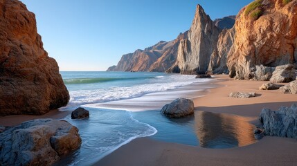 Rocky Coastline With Fine Sand Beach Under Clear Blue Sky With Gentle Waves Washing Ashore During Daylight