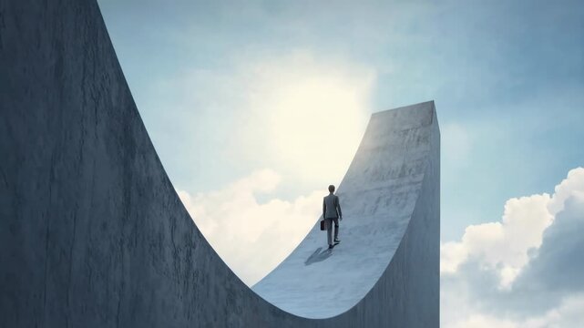Standing on the crest of a curving concrete arc, a traveler greets the sun&mdash;monumental minimalism where sculpture, sky, and courage meet in one uplifting architectural gesture