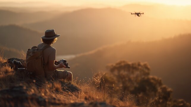 Outdoor photographer with camera and drone capturing scenic landscape at sunset